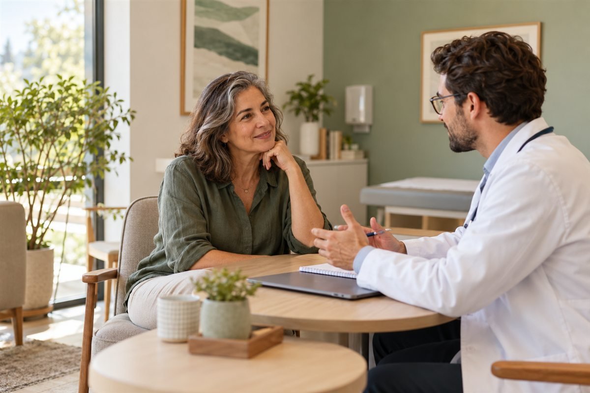Paciente conversa com atenção com um profissional de saúde